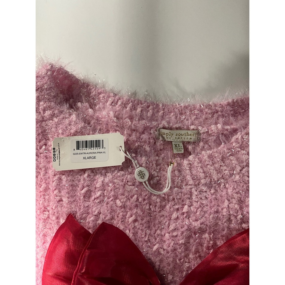 Simply Southern Aurora Pink Fuzzy Knit Sweater Red Bow Cropped XL NEW - Picture 4 of 8